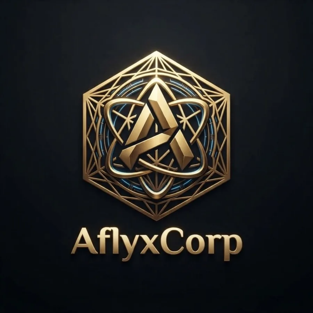 Logo de AflyxCorp: hexágono dorado con una A geométrica